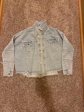 Oversized Light Blue Distressed Denim Jacket - Women